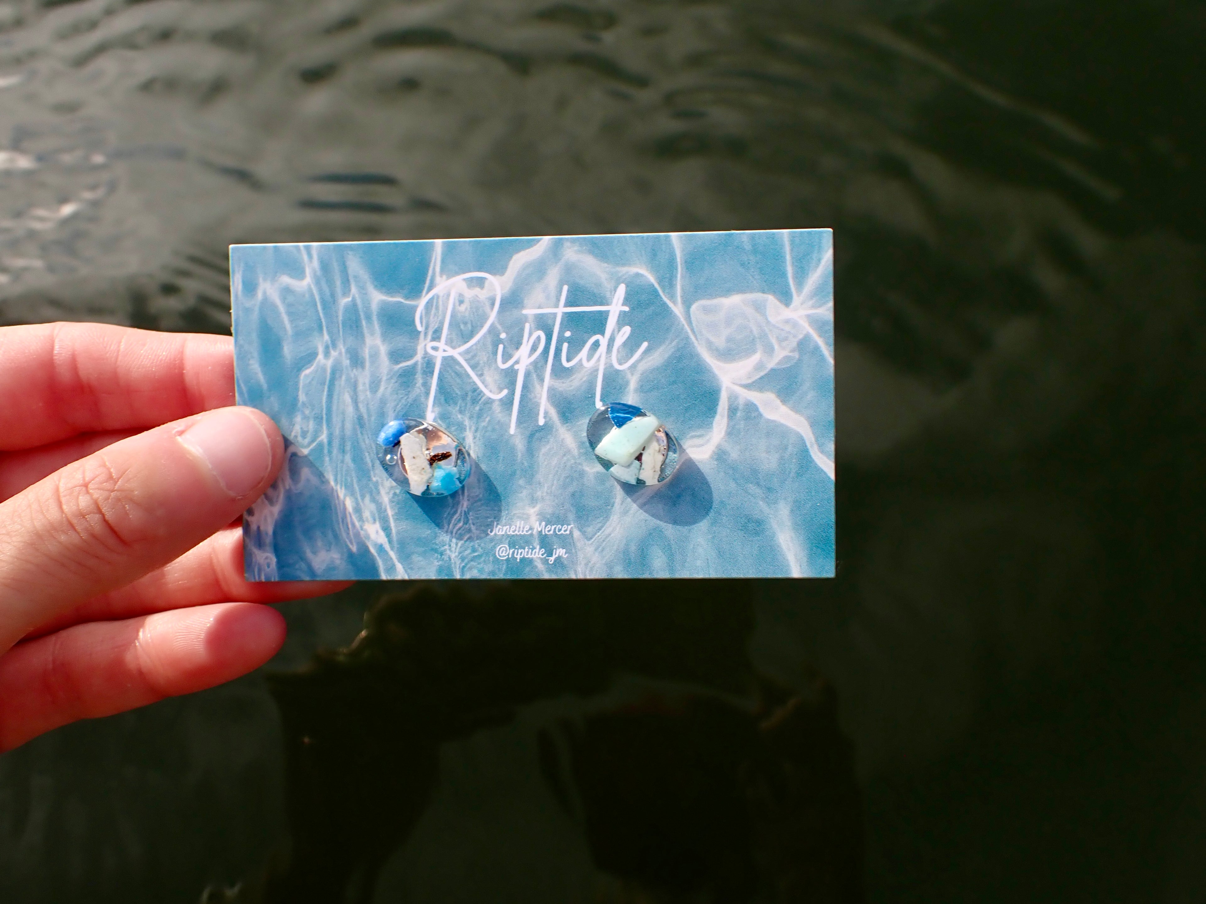 blue oval microplastic earrings