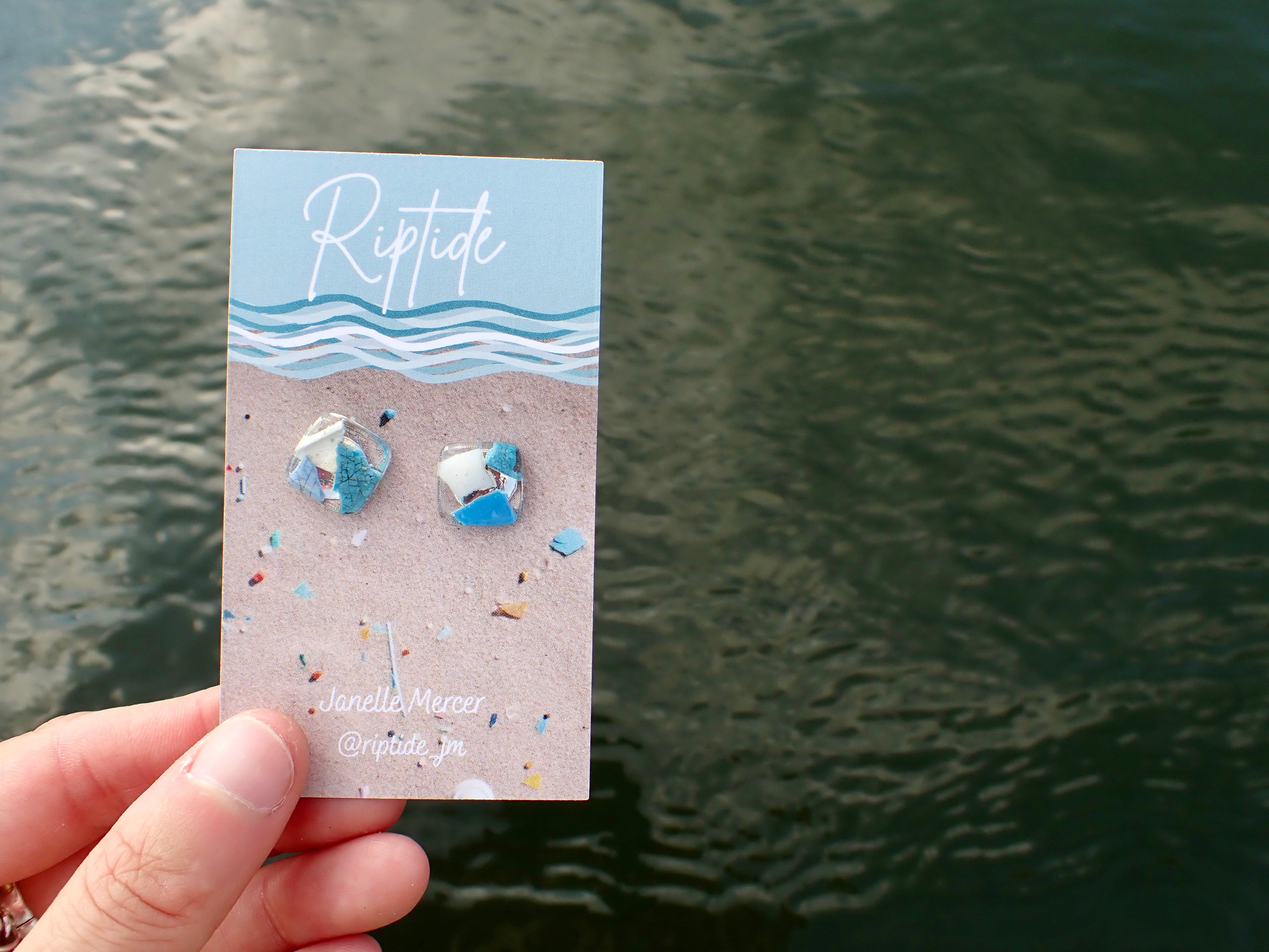 blue square microplastic earrings