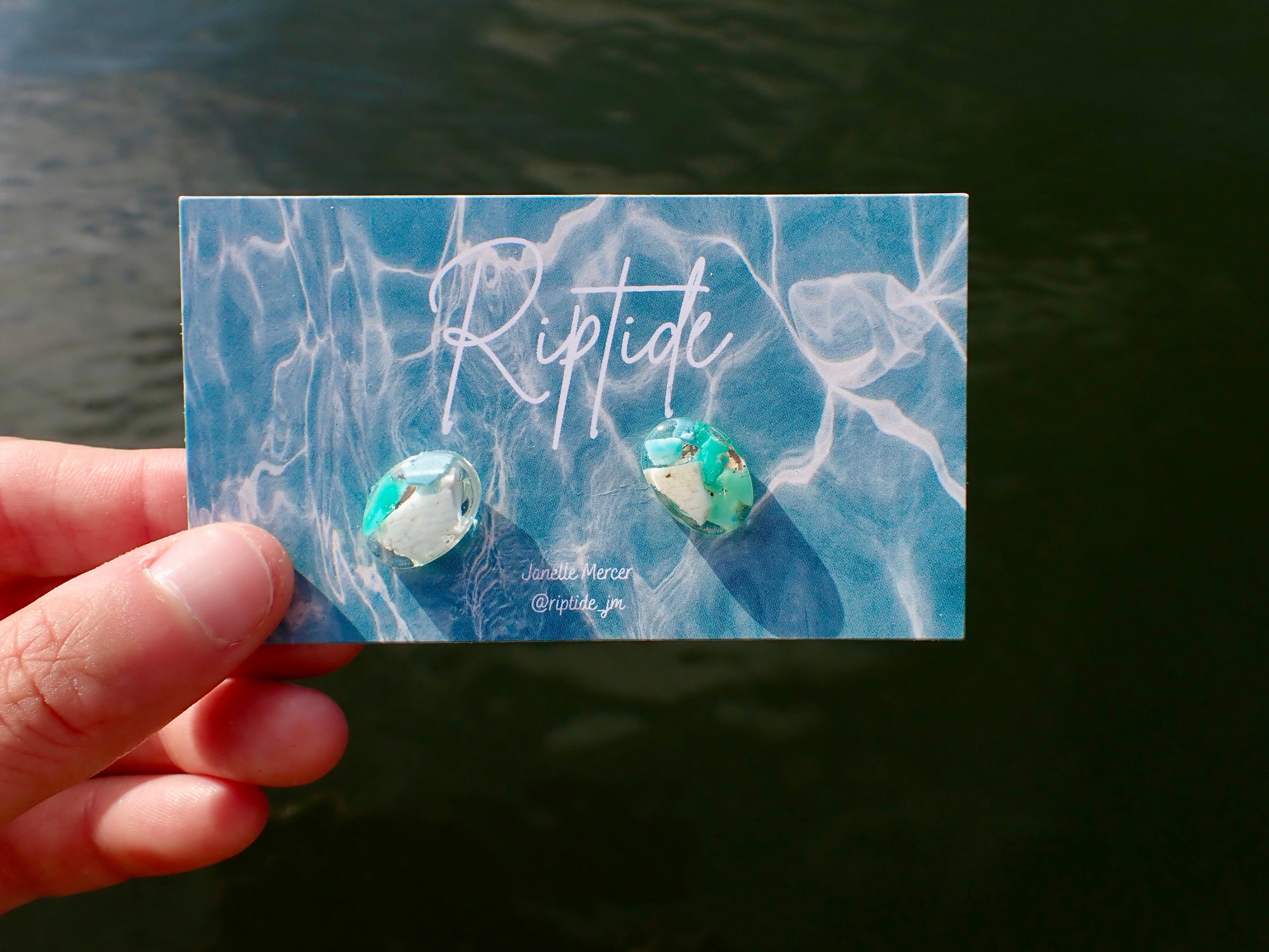 blue oval microplastic earrings