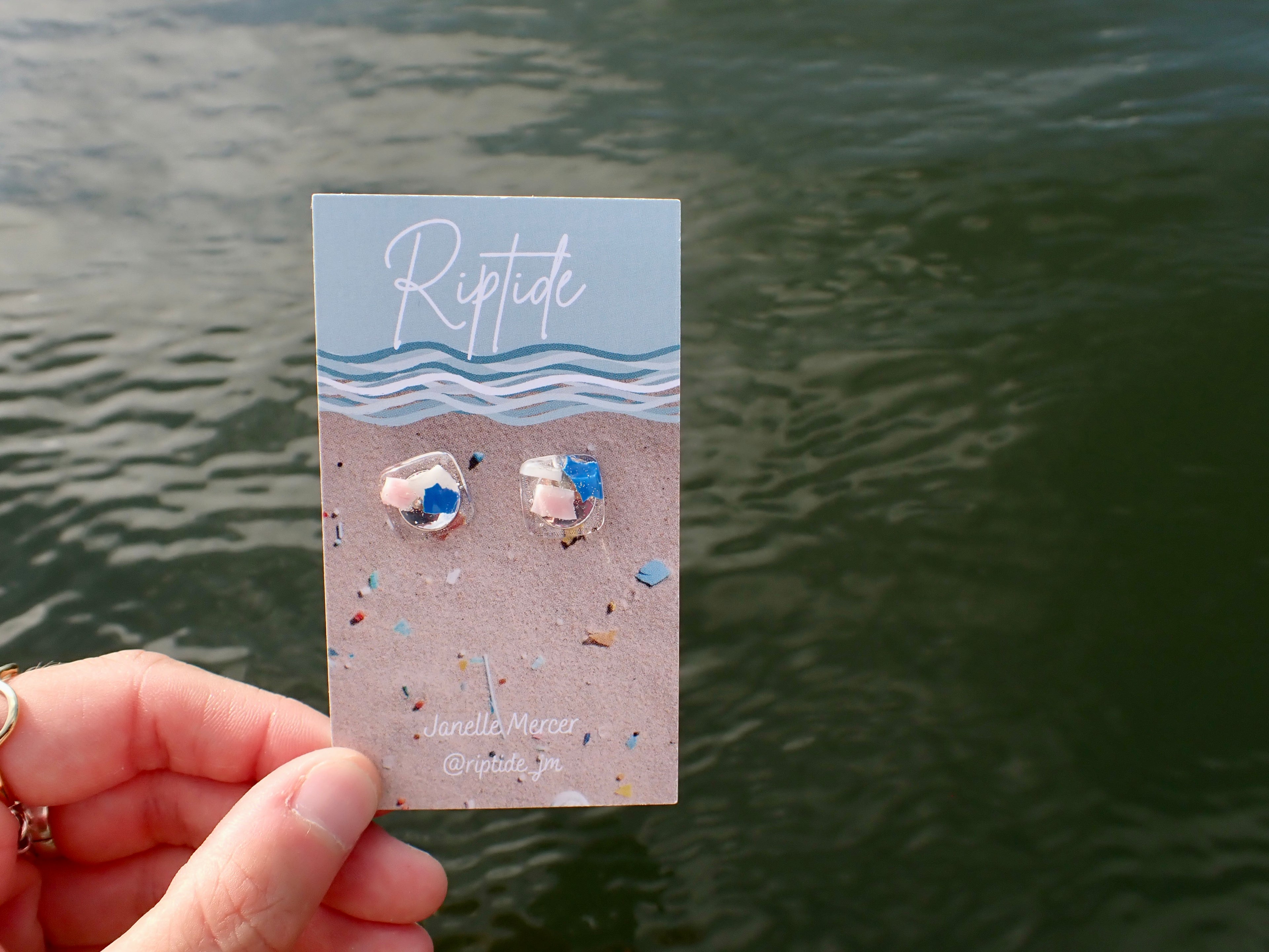 blue and pink square microplastic earrings