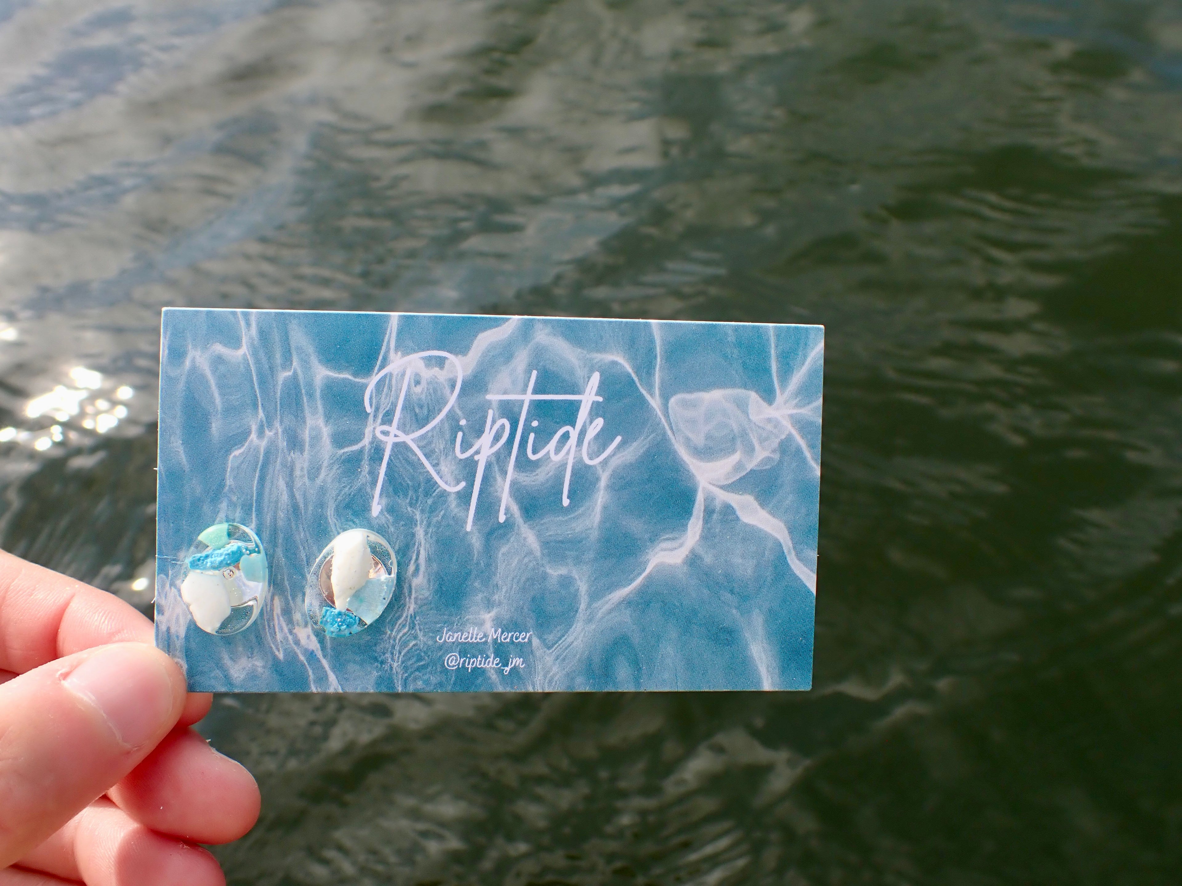blue oval microplastic earrings
