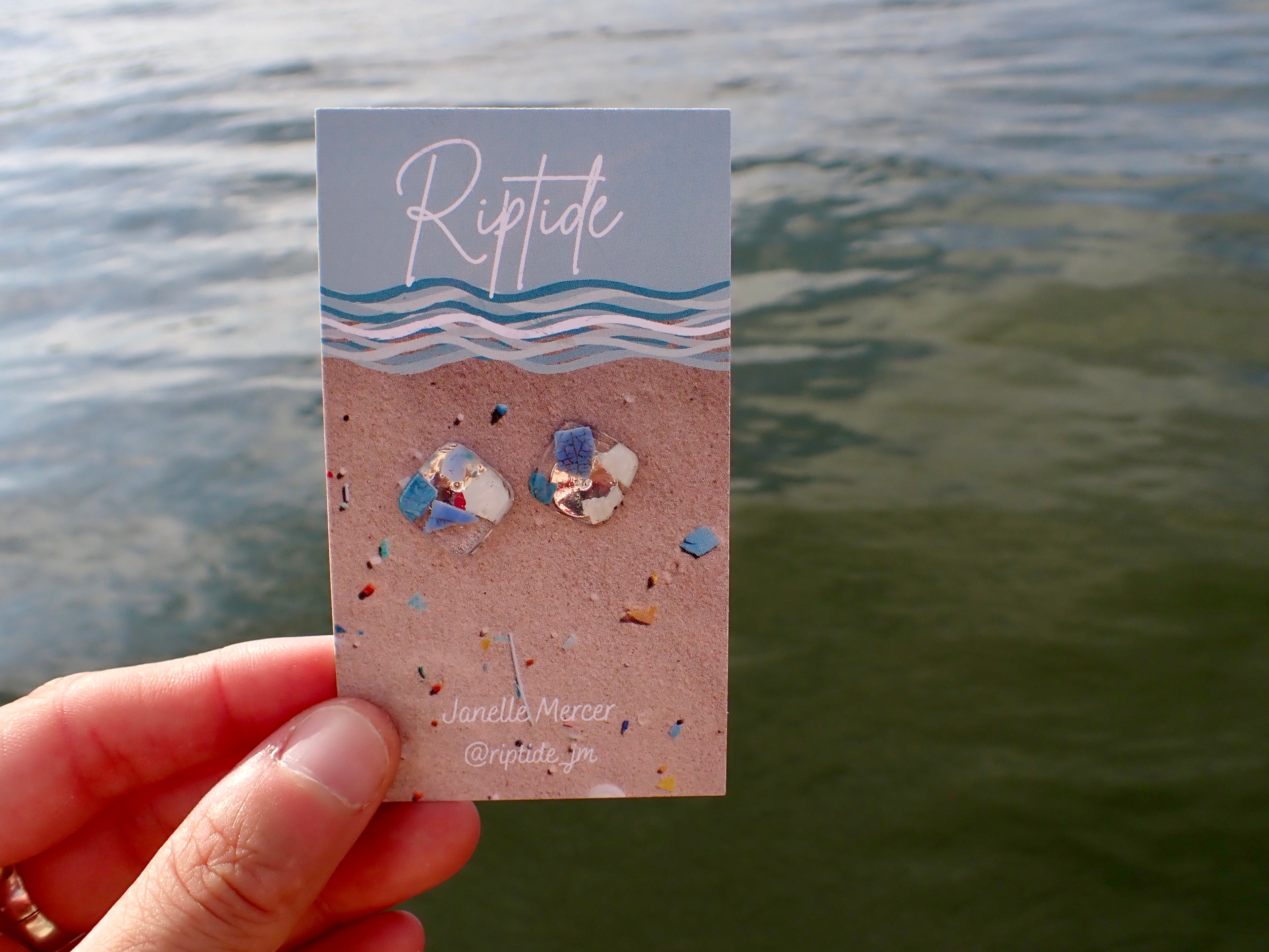 blue square microplastic earrings