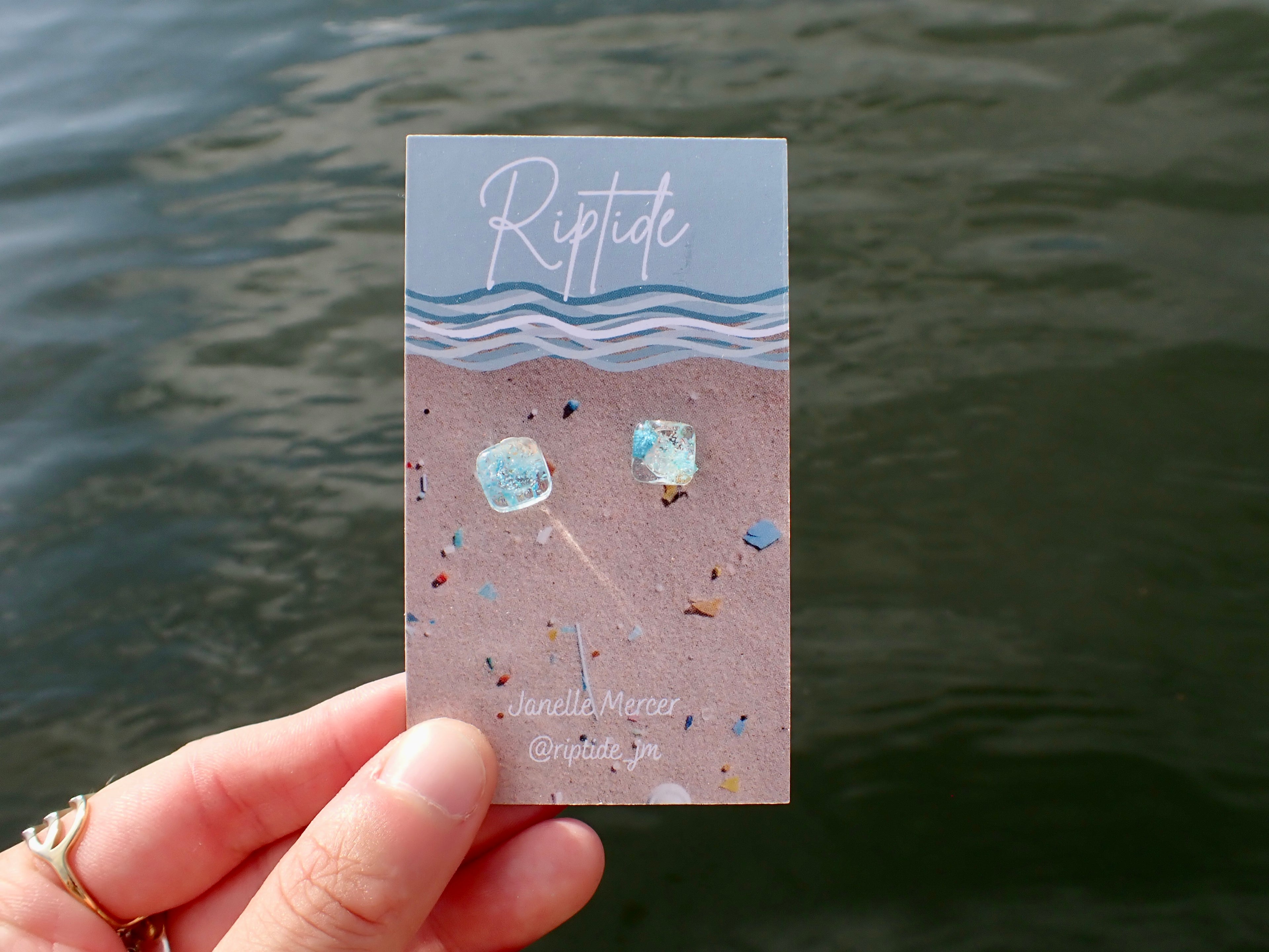 blue square microplastic earrings