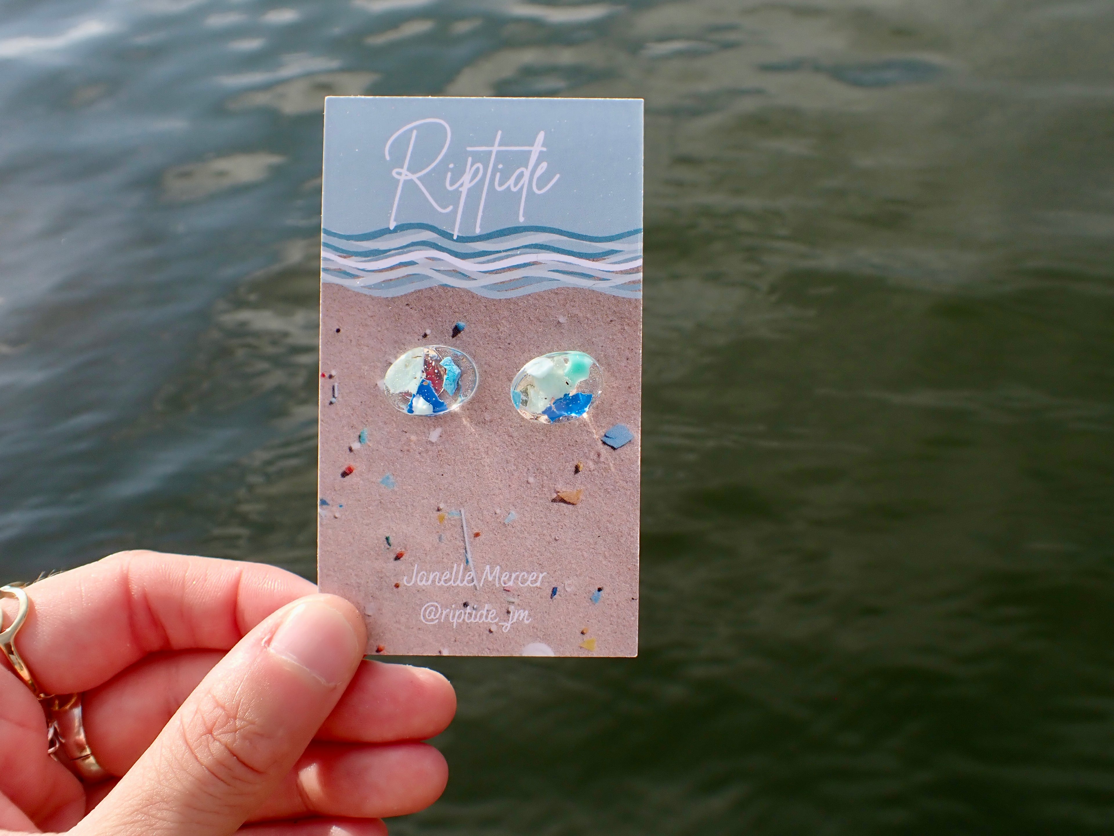 blue oval microplastic earrings
