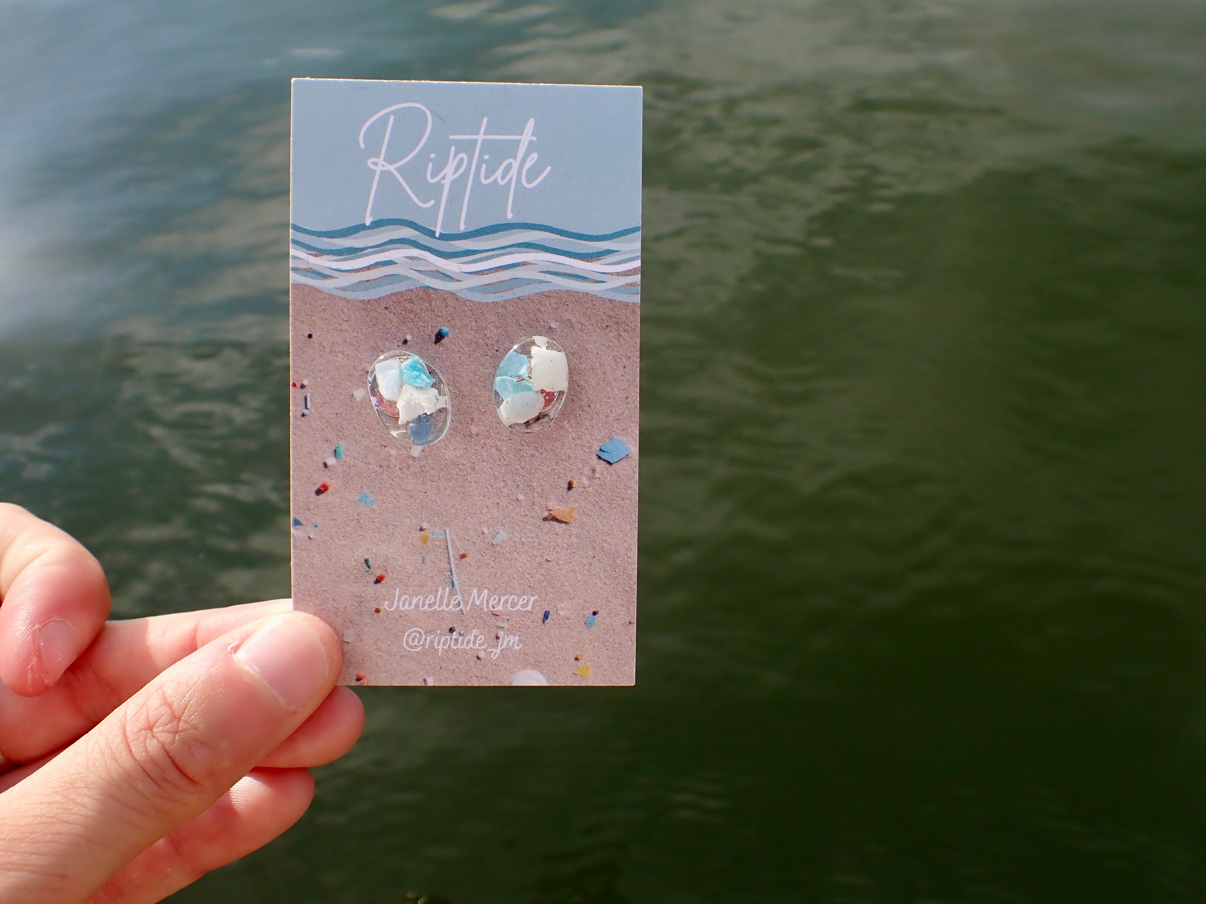 blue oval microplastic earrings