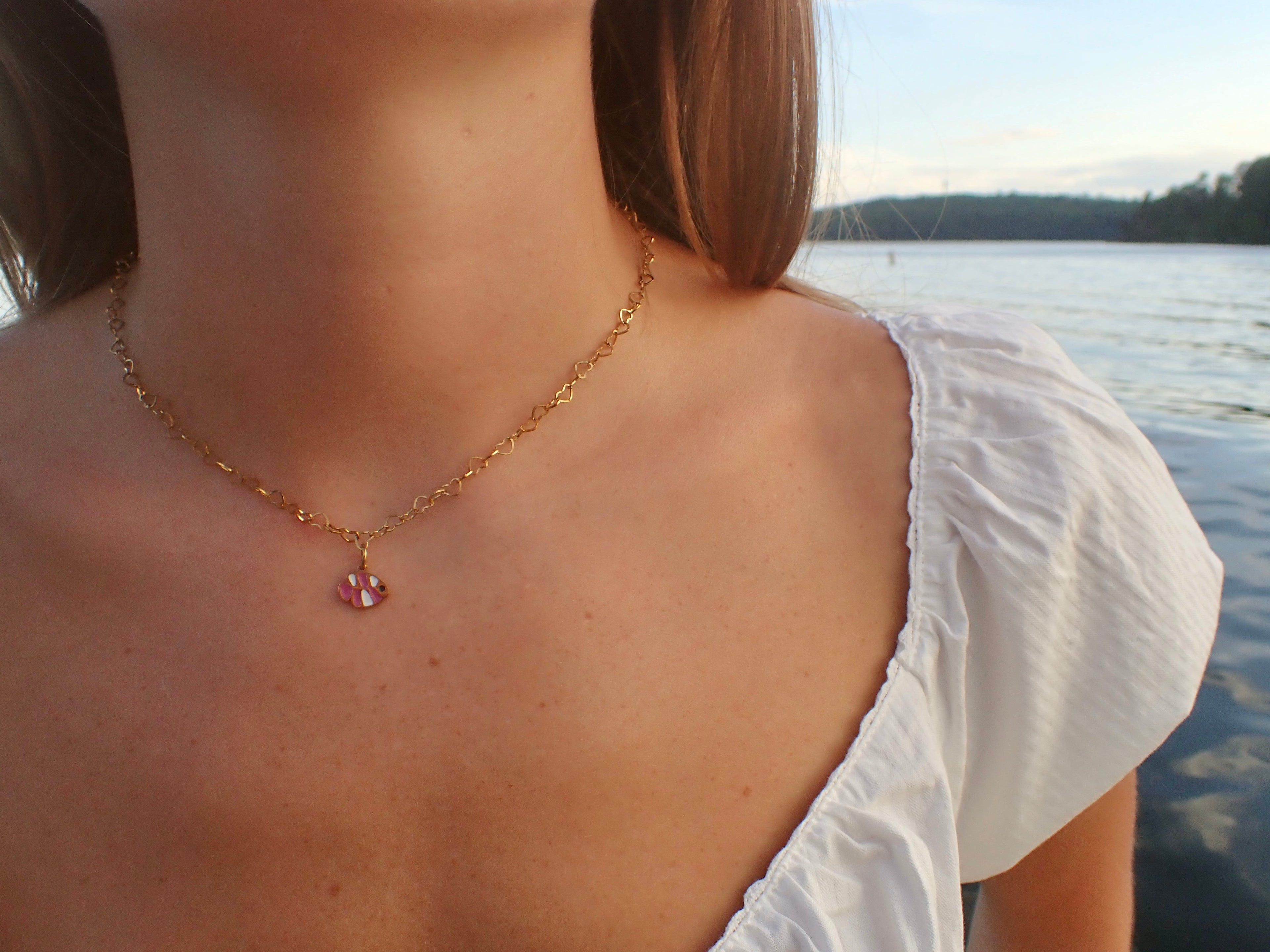 pink fish heart chain necklace